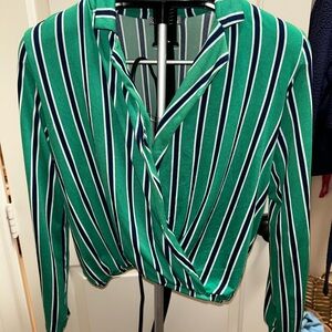 Stunning Green and Black Long Sleeve Wrap Blouse